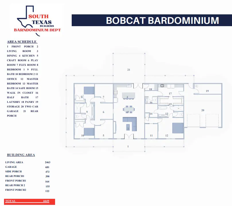 Floor plan drawing of the Bobcat barndominium: 4,449 square feet with three bedrooms, two full baths and a half bath