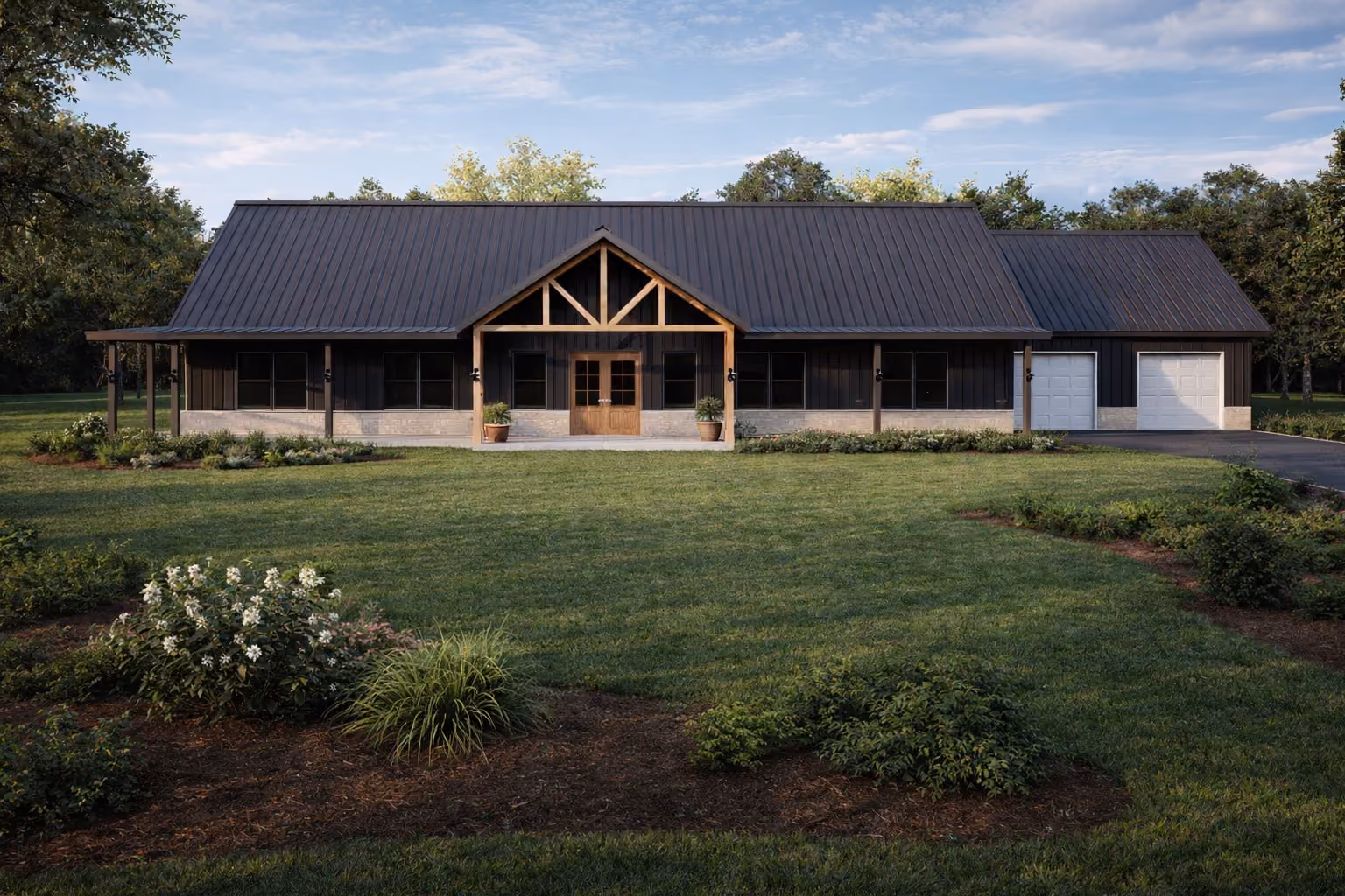 Rendering of the Bobcat barndominium: the largest plan in the series, with a long metal shell and covered porches