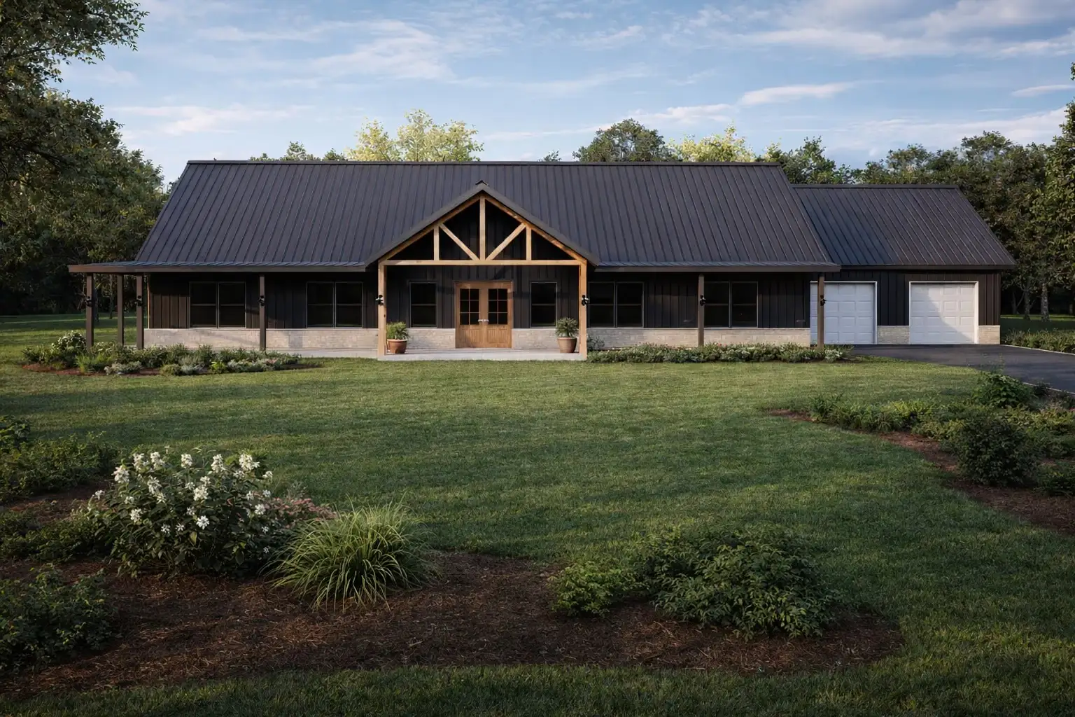 Rendering of the Bobcat barndominium: the largest plan in the series, with a long metal shell and covered porches