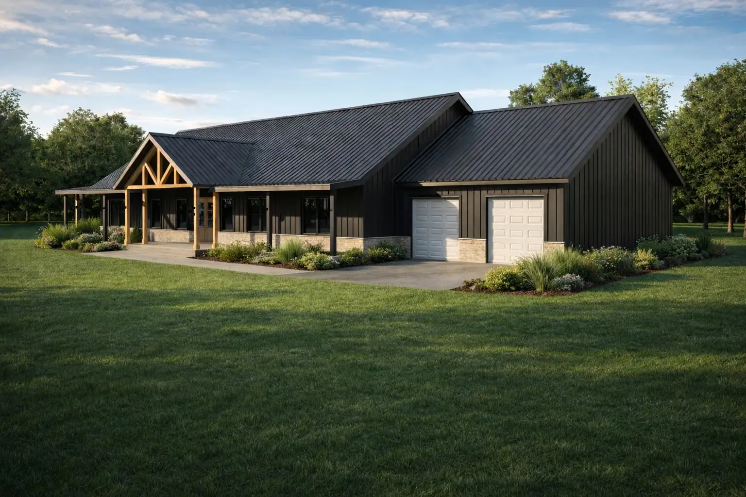 Second exterior rendering of the Bobcat barndominium showing the shell and garage side