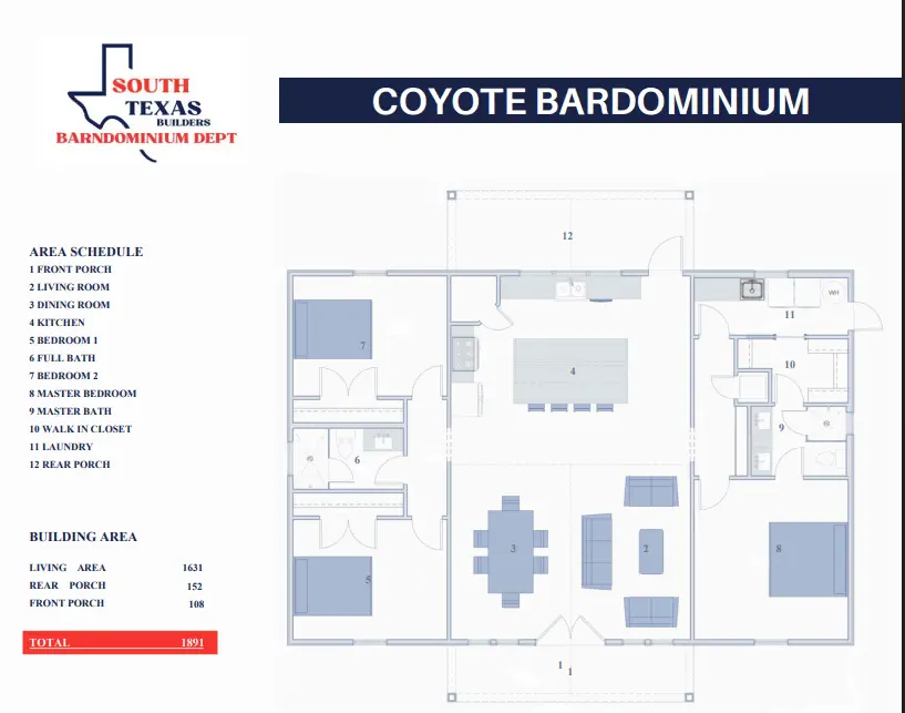 Floor plan drawing of the Coyote barndominium: 1,891 total square feet with three bedrooms, two baths and front and rear porches