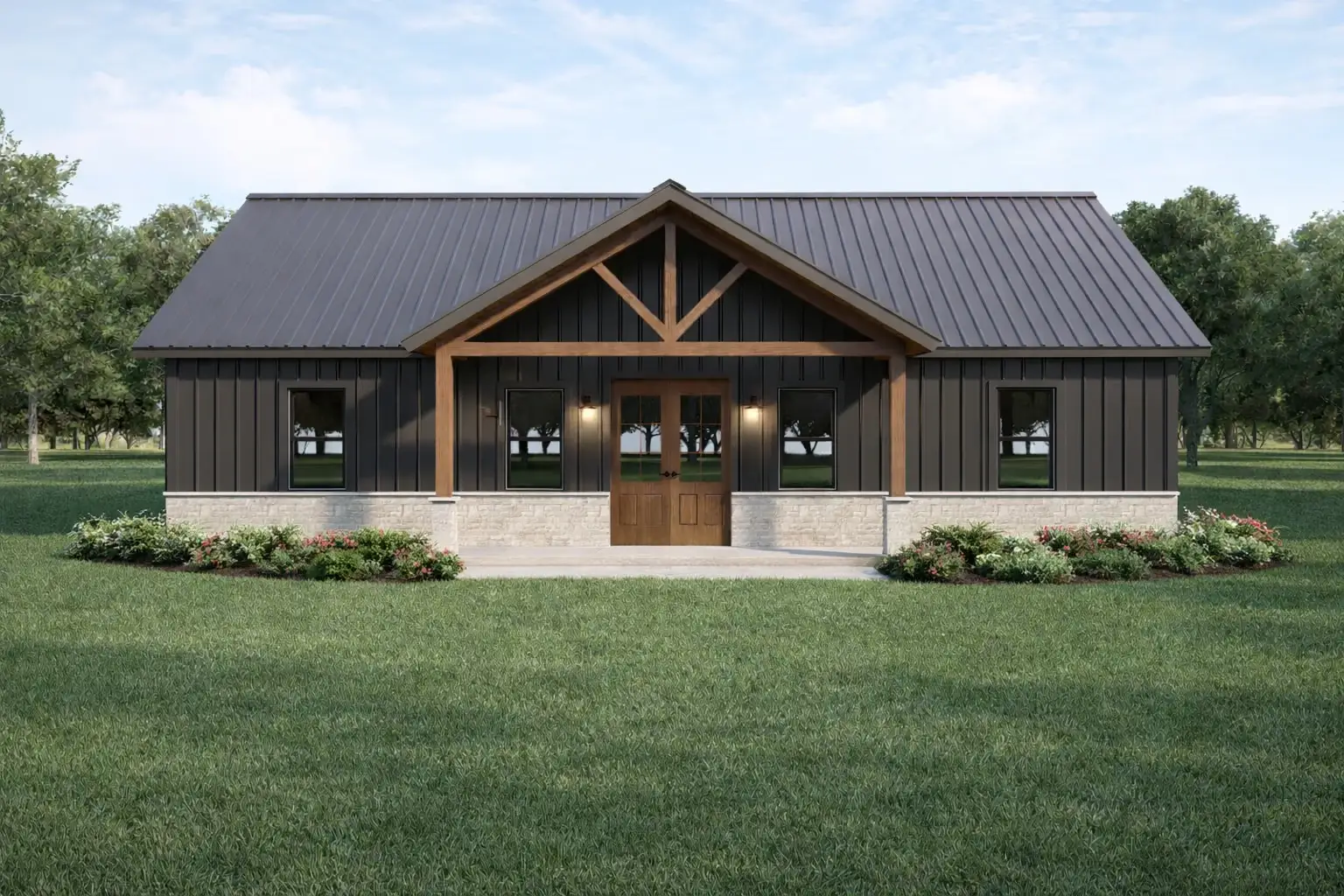 Rendering of the Coyote barndominium: dark board and batten exterior, standing seam metal roof and a timber framed entry porch over stone wainscot