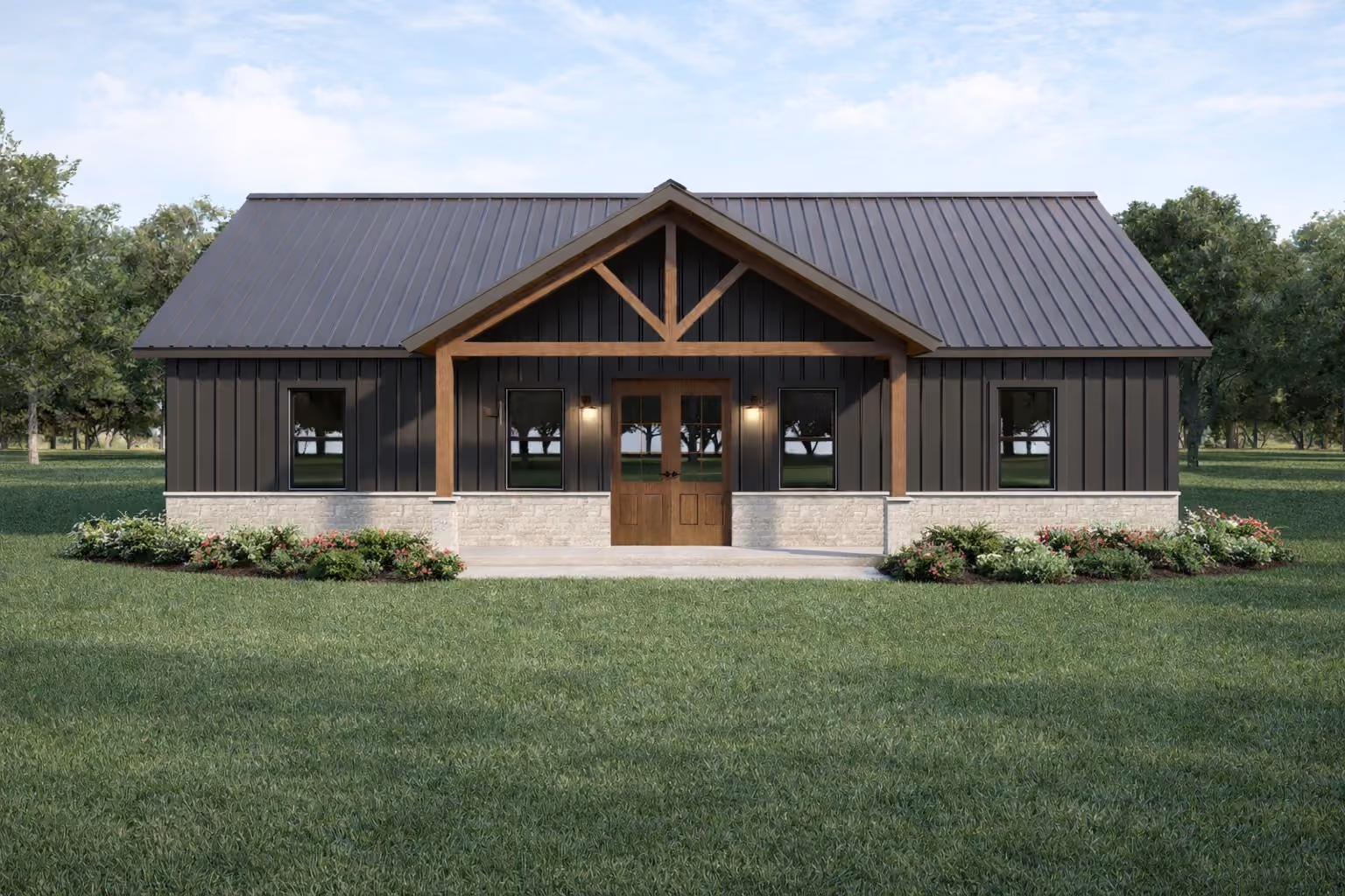 Rendering of the Coyote barndominium: dark board and batten exterior, standing seam metal roof and a timber framed entry porch over stone wainscot