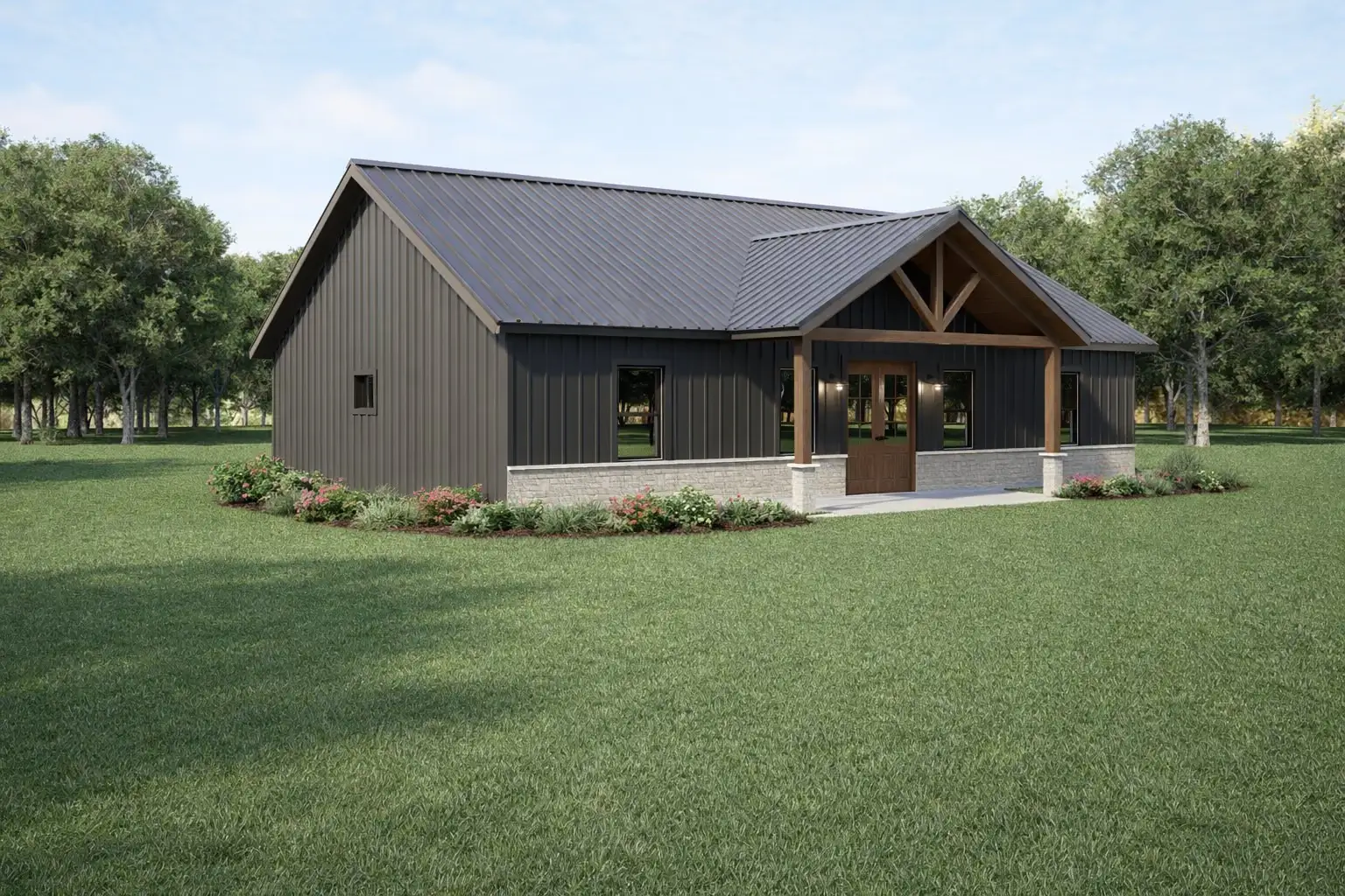 Second exterior rendering of the Coyote barndominium showing the shell and covered porch from another angle