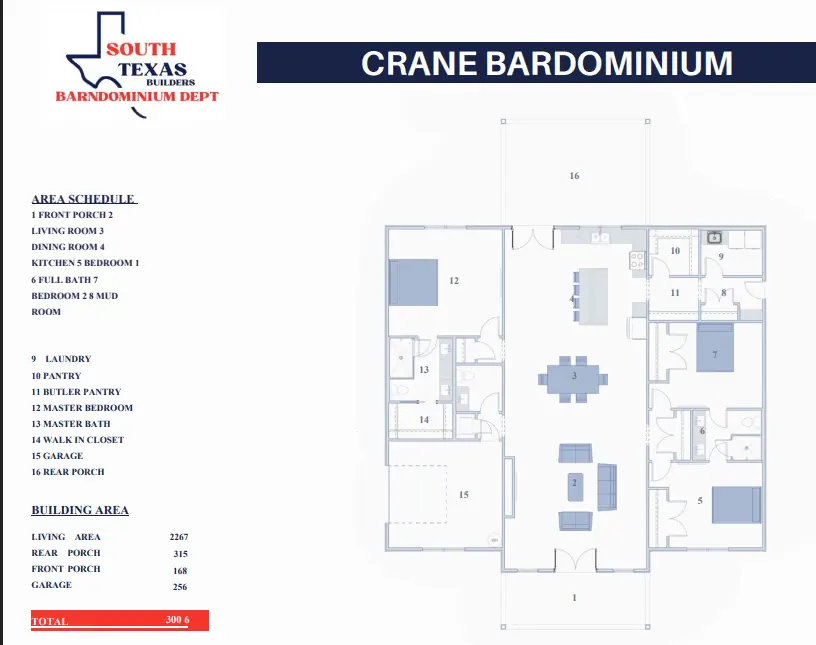 Floor plan drawing of the Crane barndominium: 3,006 square feet with three bedrooms and two baths