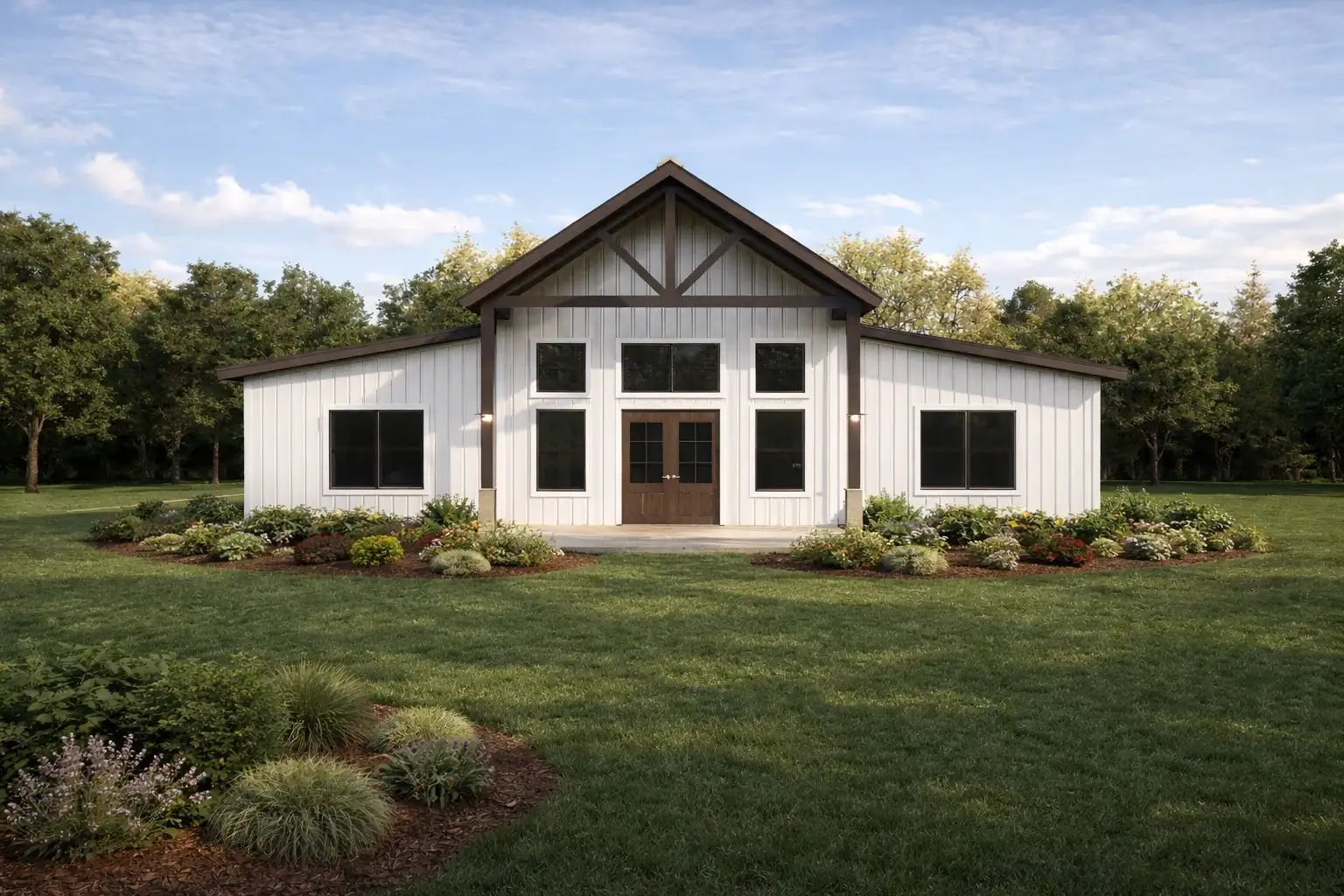 Rendering of the Crane barndominium: ranch inspired metal exterior with a covered entry porch