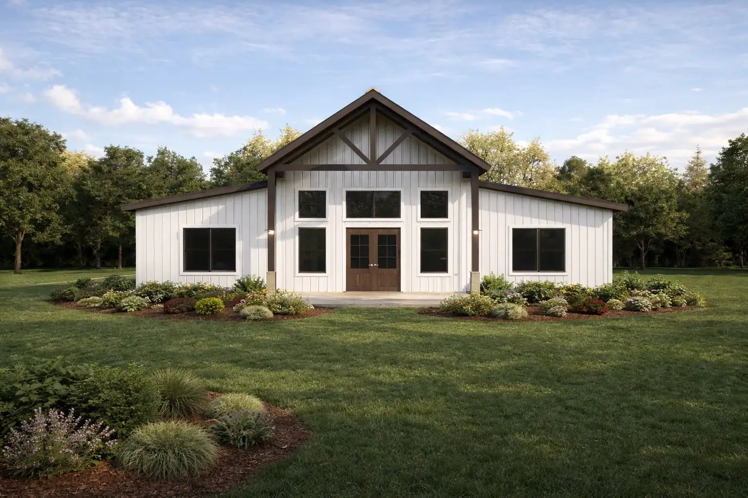 Rendering of the Crane barndominium: ranch inspired metal exterior with a covered entry porch