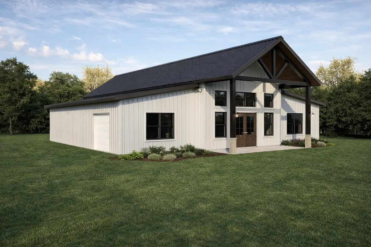 Second exterior rendering of the Crane barndominium showing the shell from another angle
