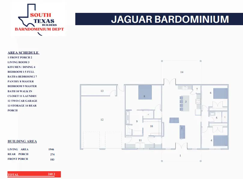 Floor plan drawing of the Jaguar barndominium: 2,402 square feet with two bedrooms and three baths