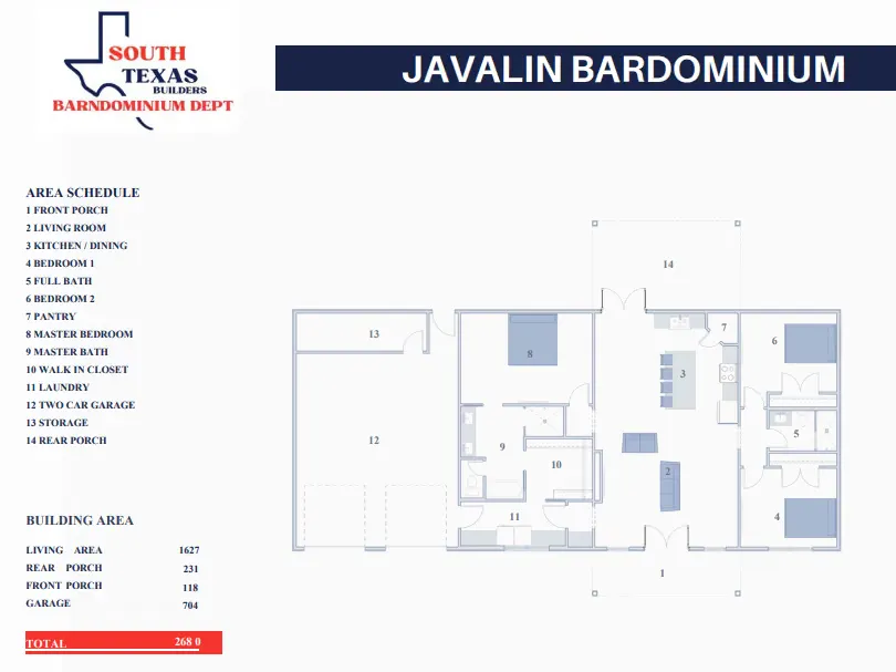 Floor plan drawing of the Javalin barndominium: 2,680 square feet with three bedrooms and two baths