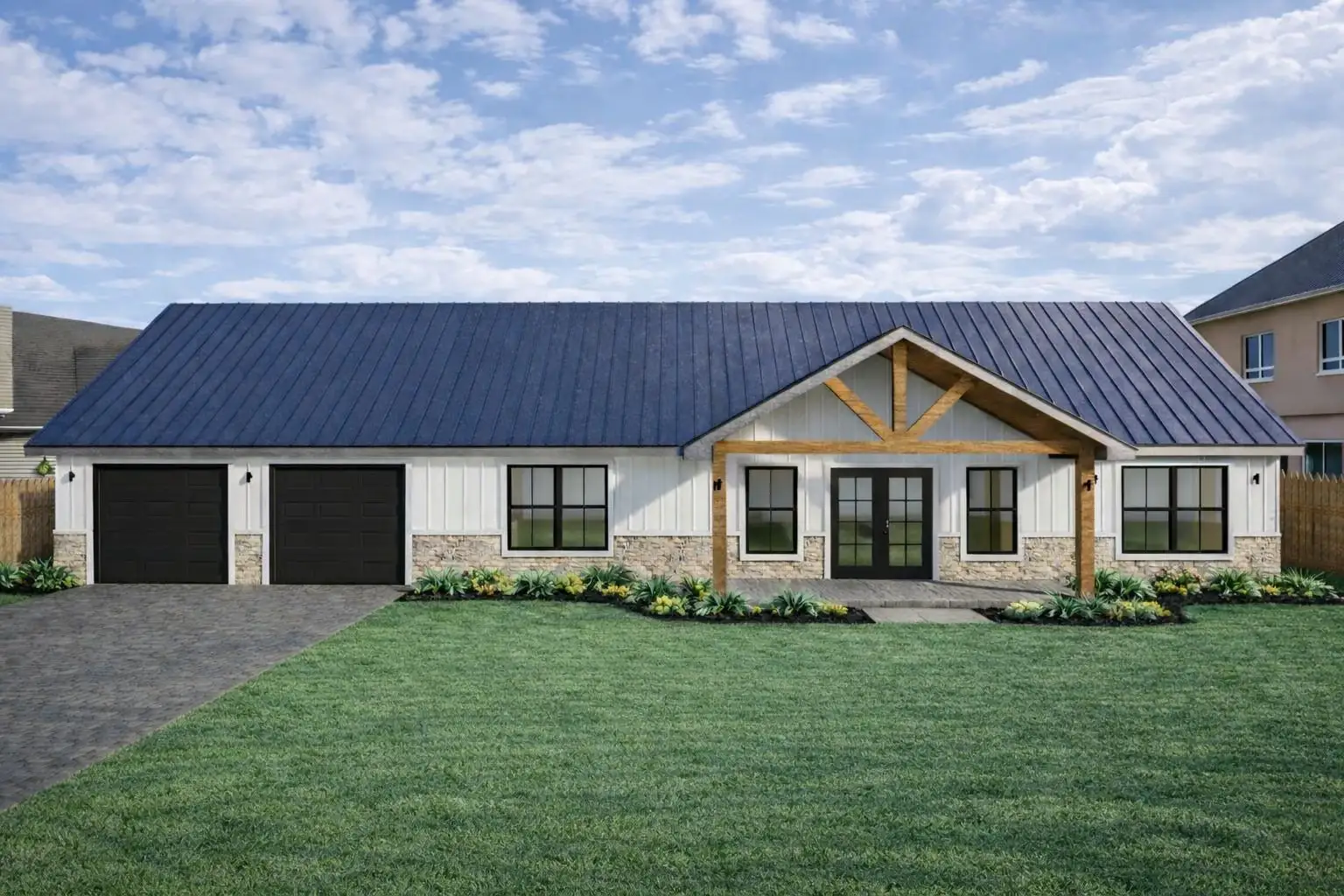 Rendering of the Javalin barndominium: metal roof and siding with a deep covered front porch