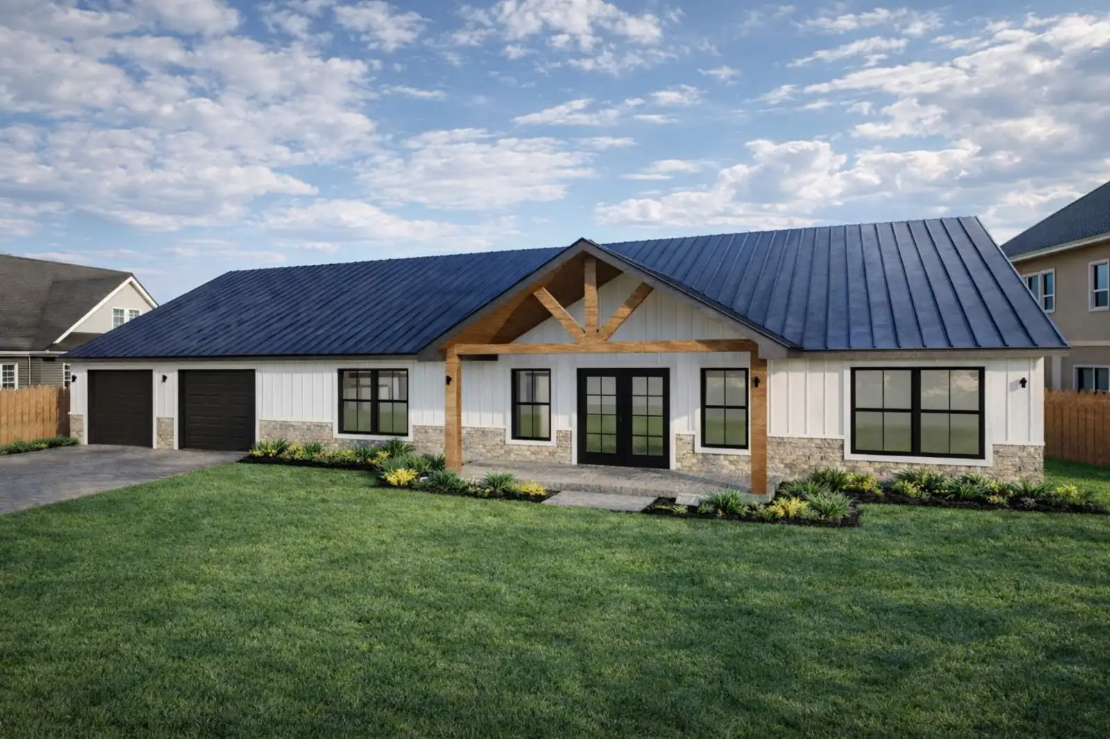 Second exterior rendering of the Javalin barndominium showing the shell and garage side
