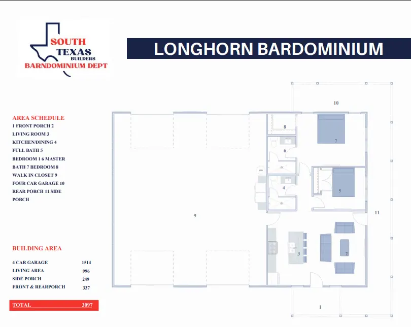 Floor plan drawing of the Longhorn barndominium: 3,097 square feet with three bedrooms, two baths and a four car garage