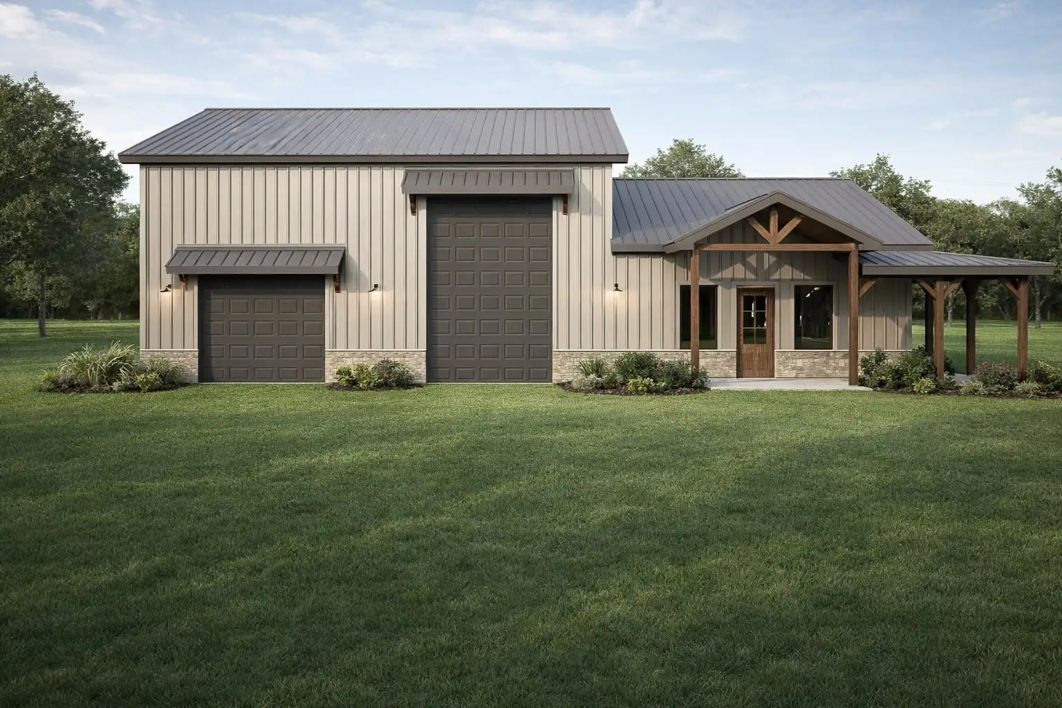 Rendering of the Longhorn barndominium: wide metal shell with a timber framed porch