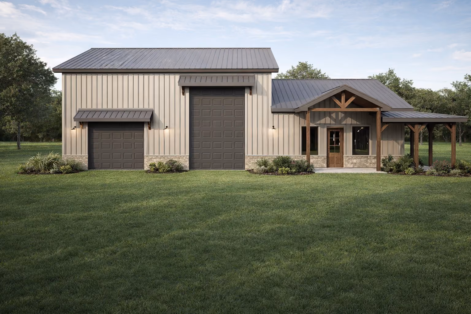 Rendering of the Longhorn barndominium: wide metal shell with a timber framed porch