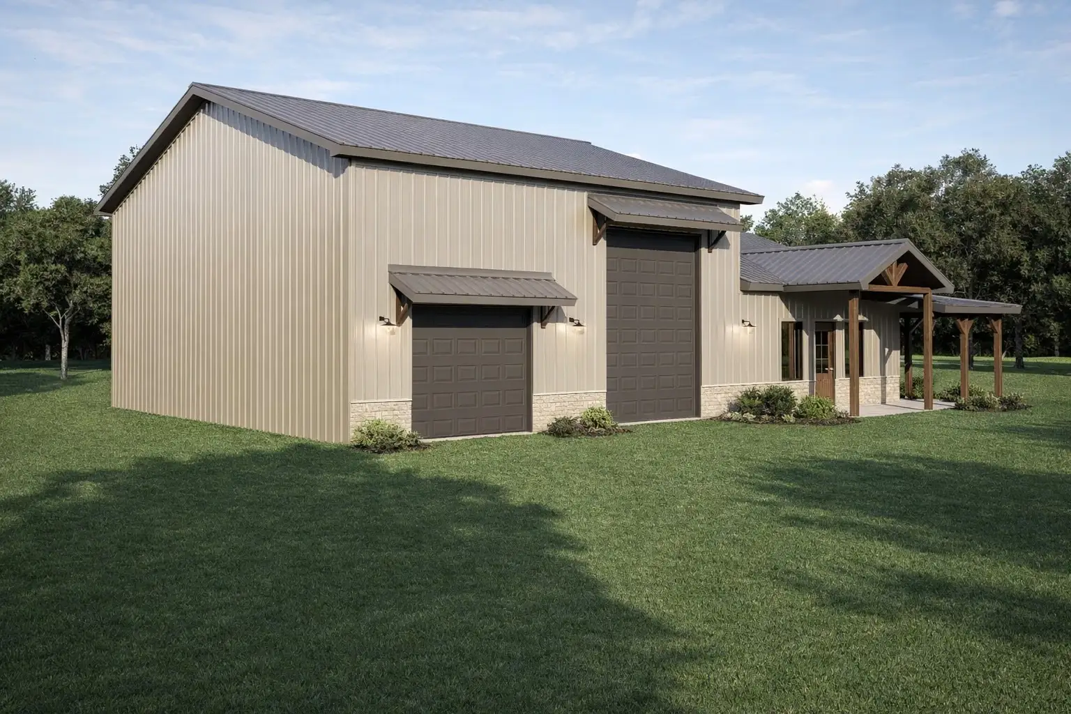 Second rendering of the Longhorn barndominium showing the oversized garage bays and covered side porch