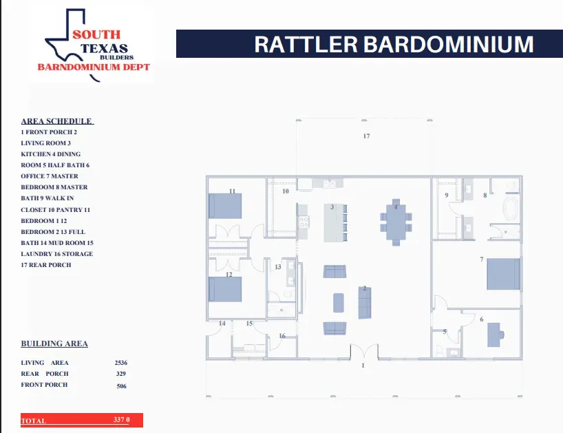 Floor plan drawing of the Rattler barndominium: 3,370 square feet with three bedrooms, two full baths and a half bath