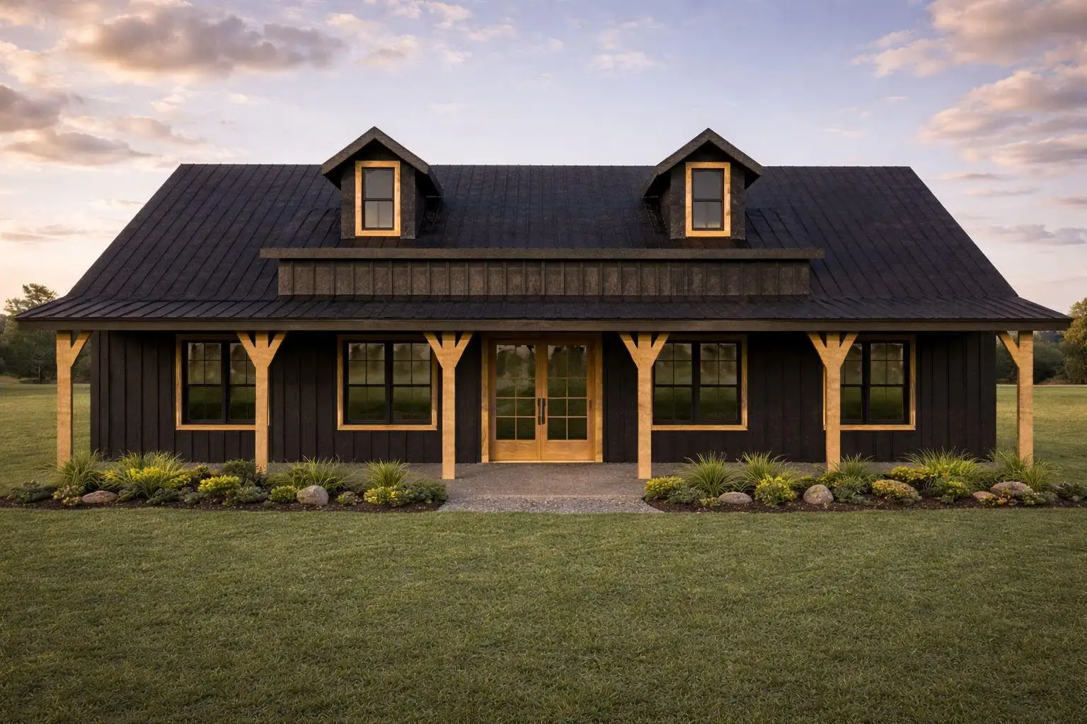 Rendering of the Rattler barndominium: tall metal shell with ranch style porches