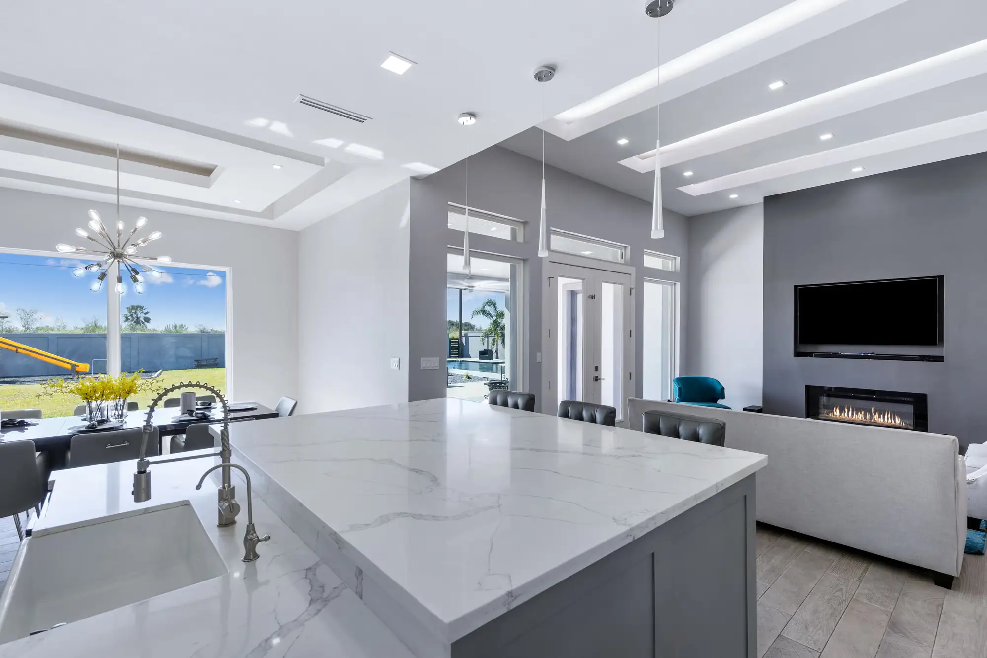 View from the island through to the living room, open end to end